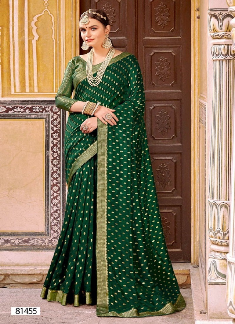green art silk printed gold motifs saree with attached blouse piece