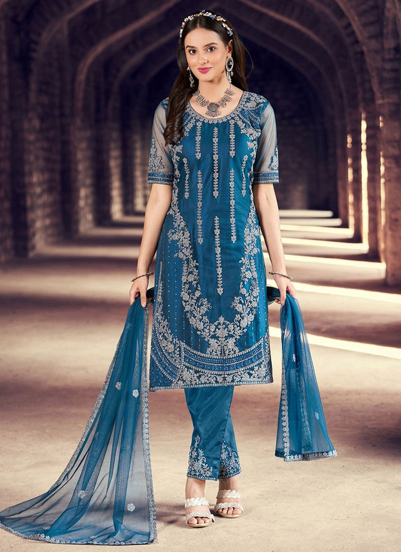 Blue Net silver zari embroidery work salwar