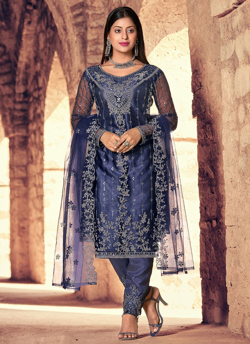 Dark Blue Net silver zari embroidery work salwar