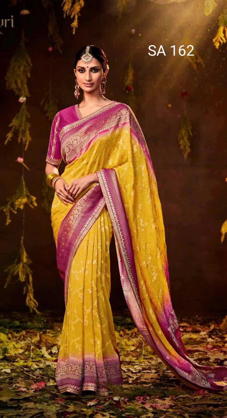 Yellow pink pure georgette saree with designer blouse, ready blouse, fall, pico