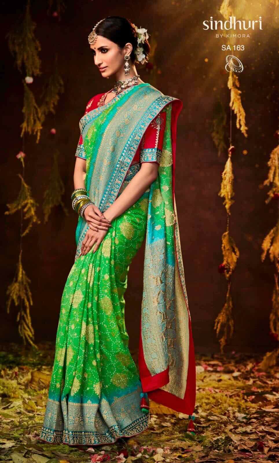 Green blue red pure georgette saree with designer blouse, ready blouse, fall, pico