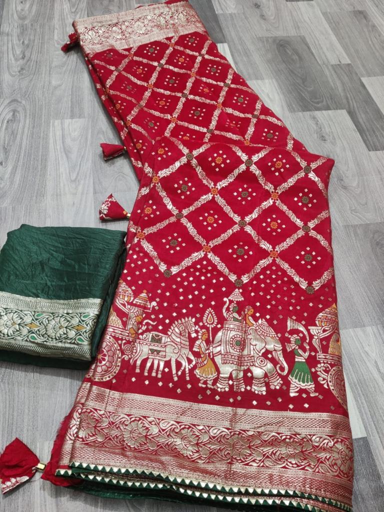 Red green dola silk saree with meenakari weaving