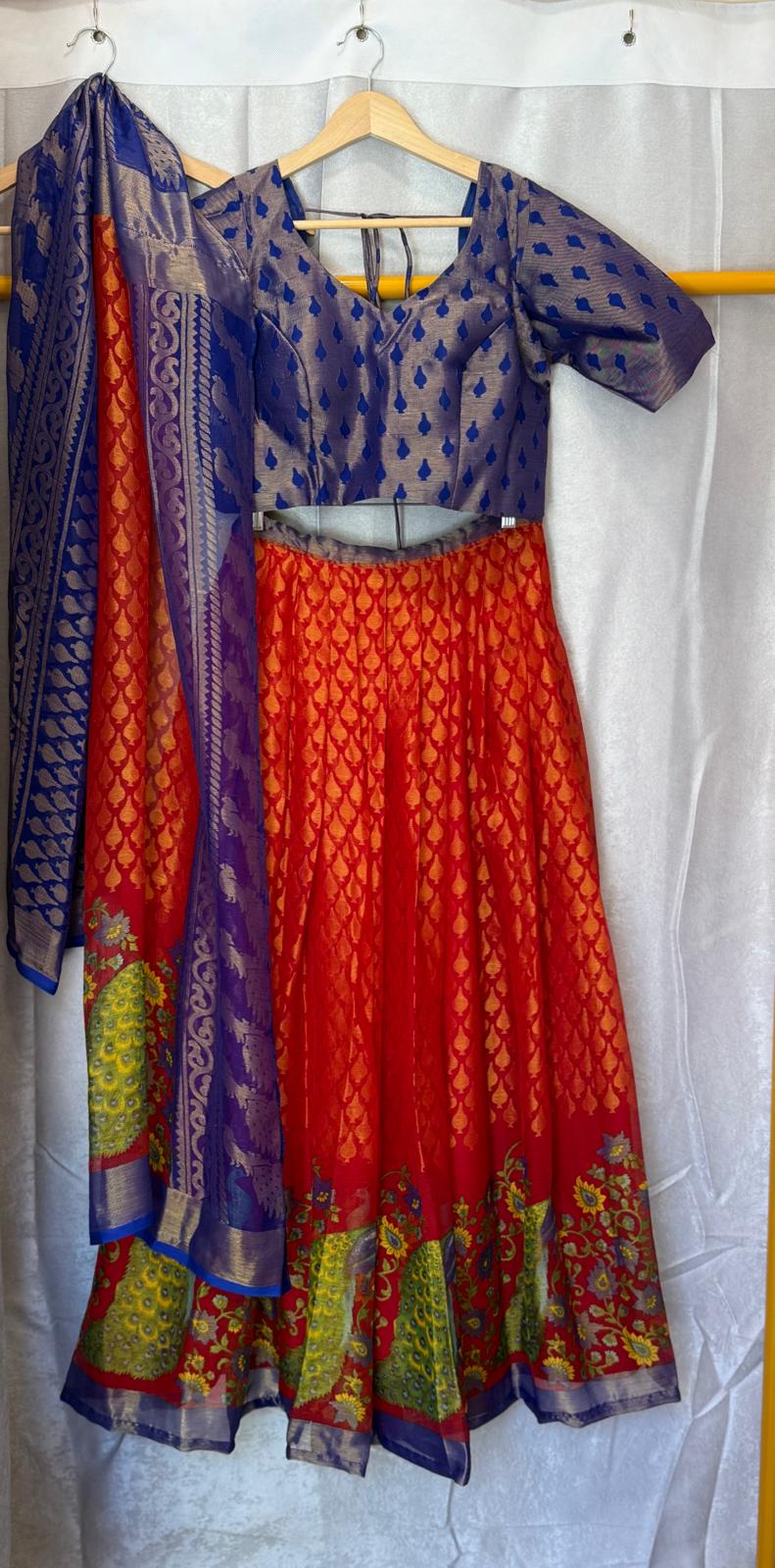 Chiffon blue purple red peacock design lehenga