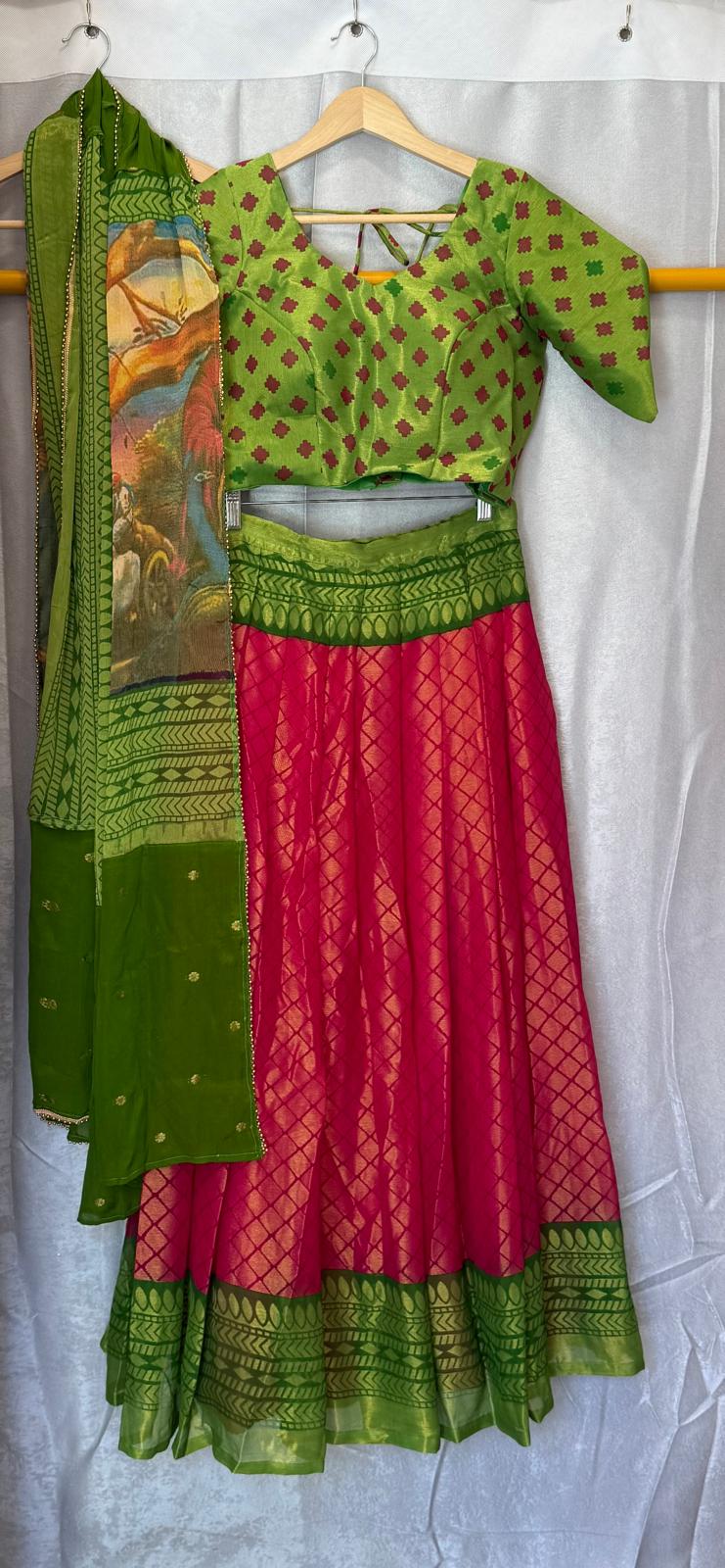 Chiffon pink red green with designer dupatta lehenga