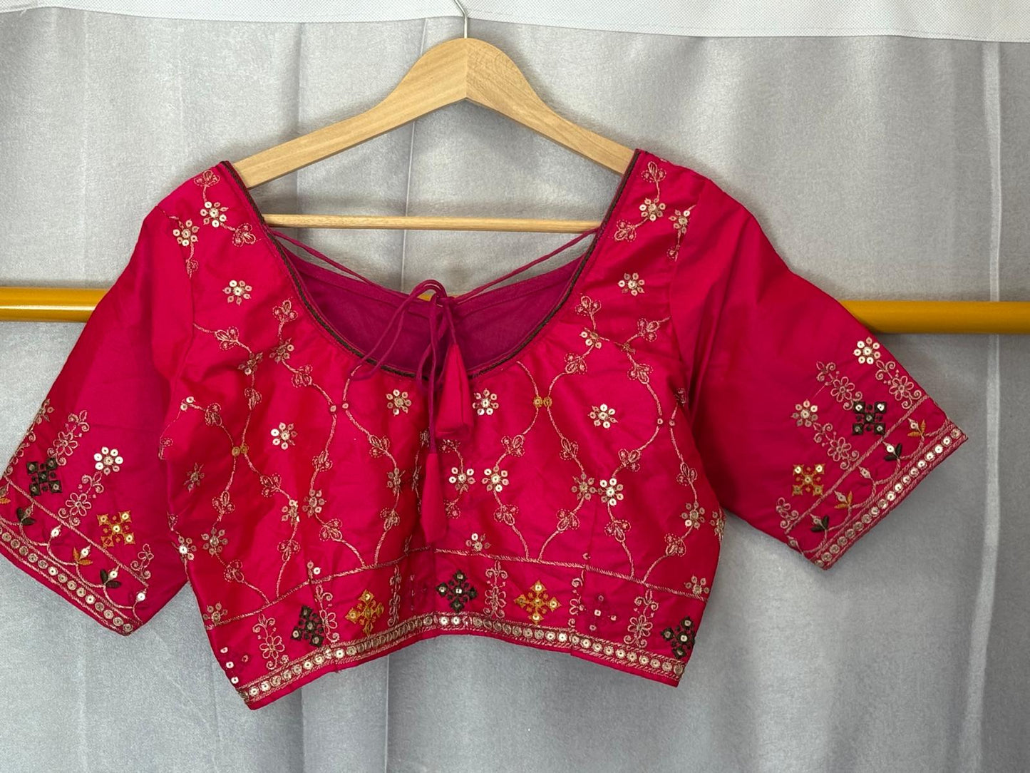Pink green yellow embroidery sequence silk blouse