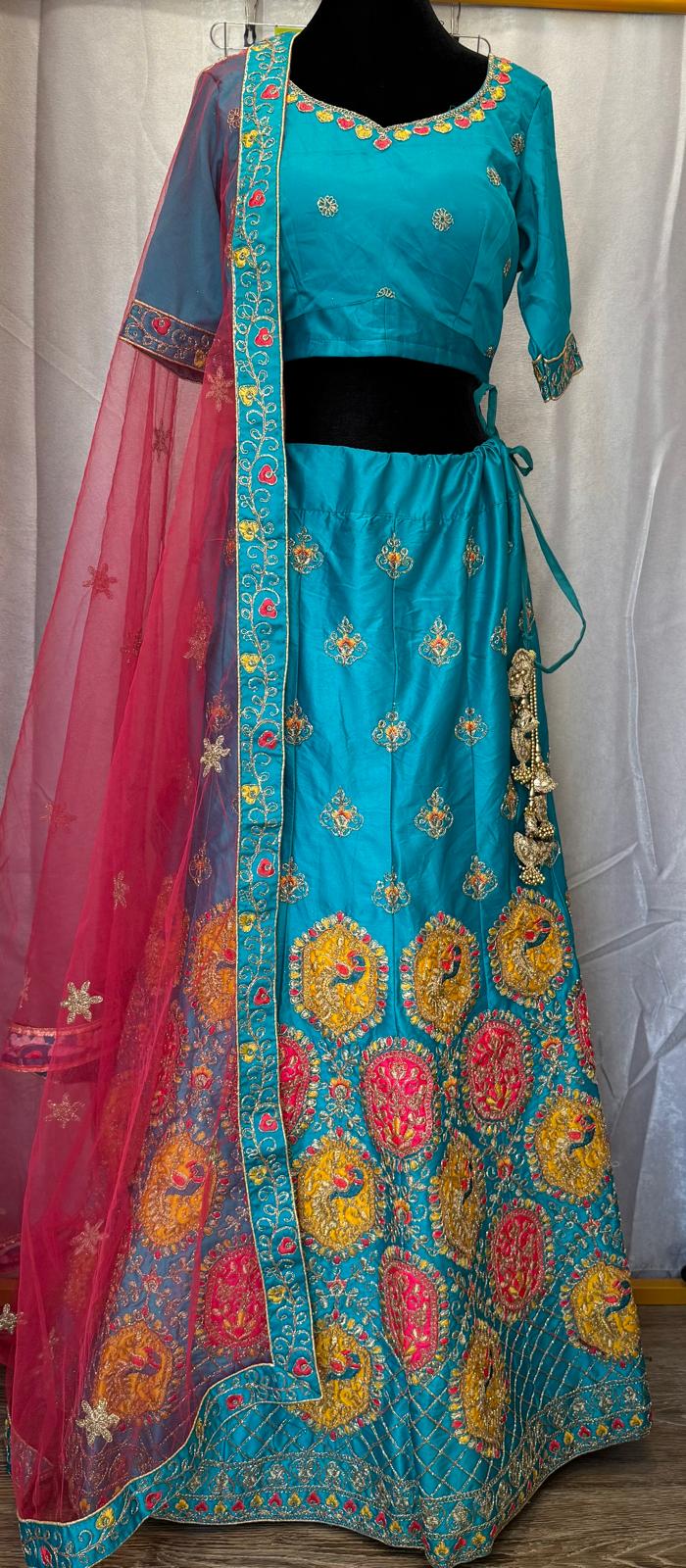 Blue malay silk gold peacock multi color embroidery lehenga