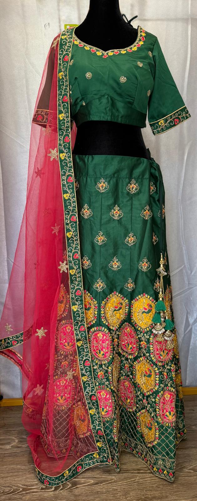 Green malay silk gold peacock multi color embroidery lehenga