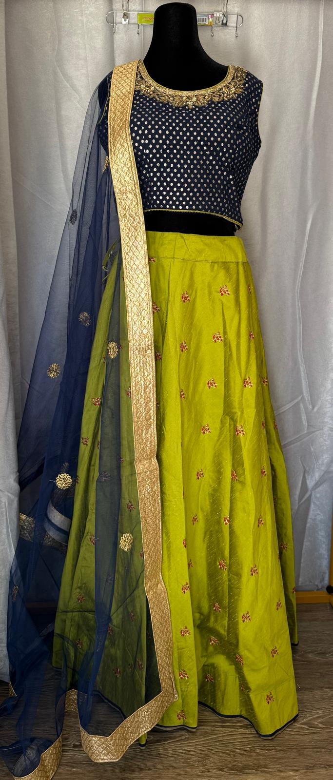 Parrot green blue raw silk lehenga with designer blouse