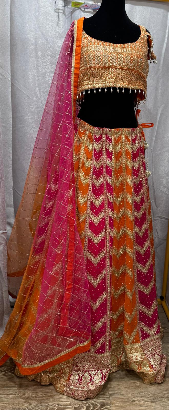 orange pink embroidery sequence with designer choli heavy lehenga