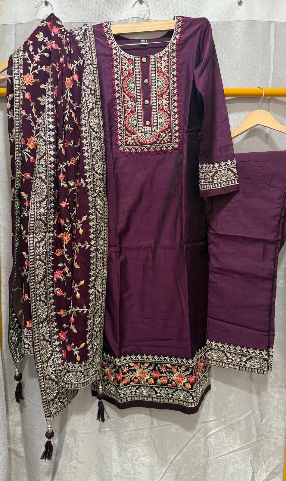 Wine purple silk salwar with pants heavy embroidered georgette dupatta