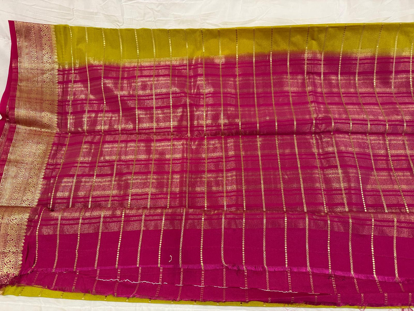 parrot green pink semi mysore silk saree with attached blouse piece