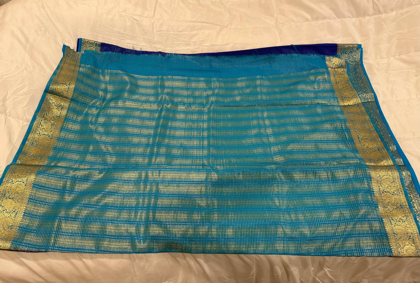 navy blue light blue semi mysore silk saree with attached blouse piece