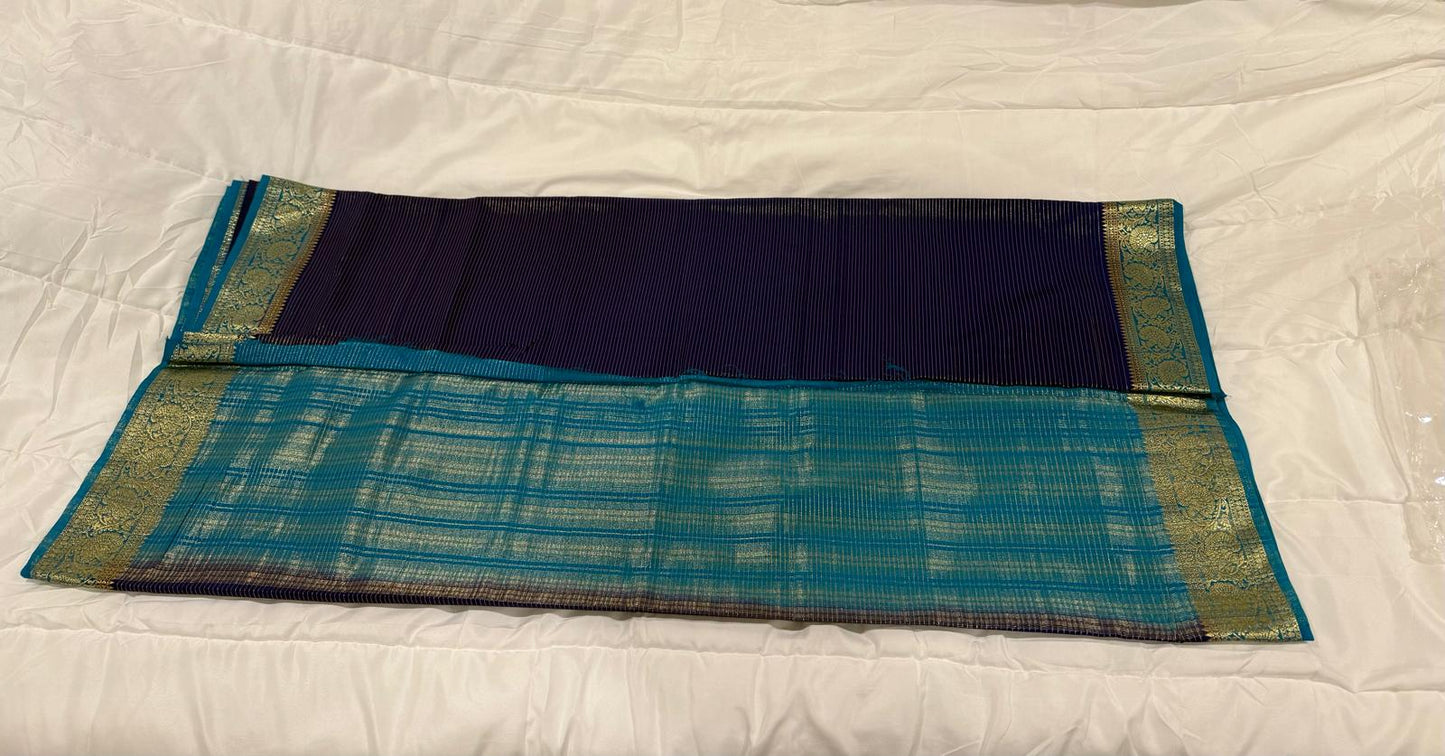 purple blue semi mysore silk saree with attached blouse piece