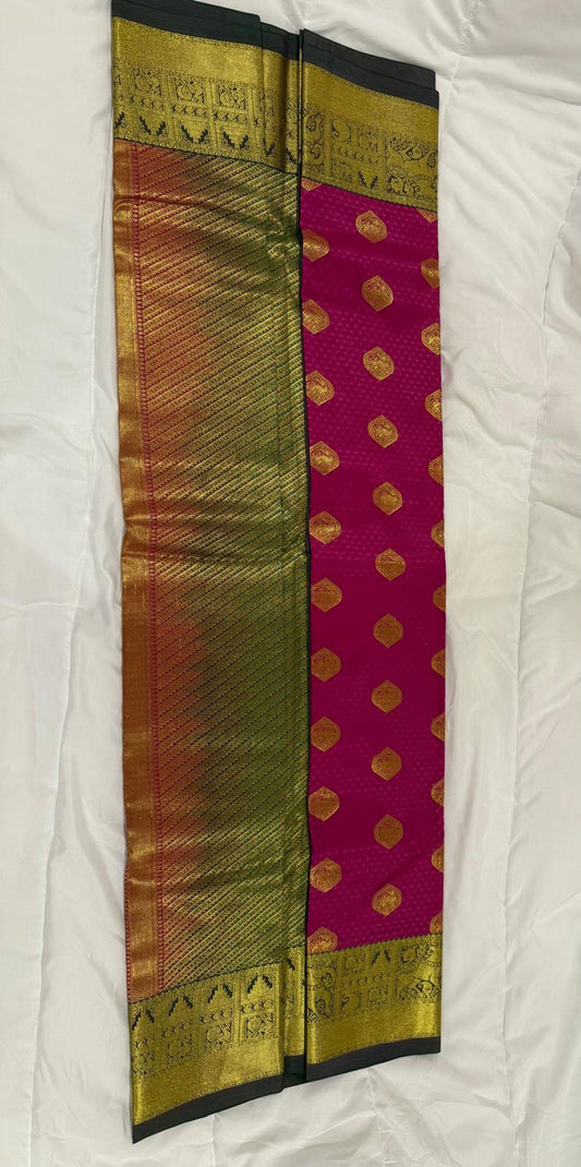 Pink grey semi kanchivaram silk saree with attached blouse piece