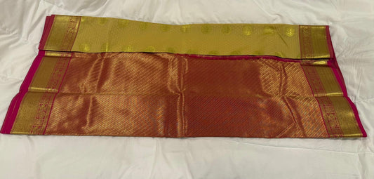 Beige golden pink semi kanchivaram silk saree with attached blouse piece