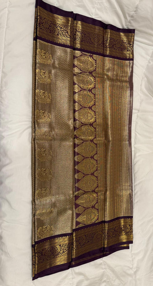 Lavender dark purple semi kanchivaram silk saree with attached blouse piece