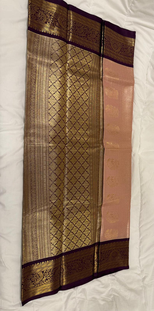 Pink dark purple semi kanchivaram silk saree with attached blouse piece