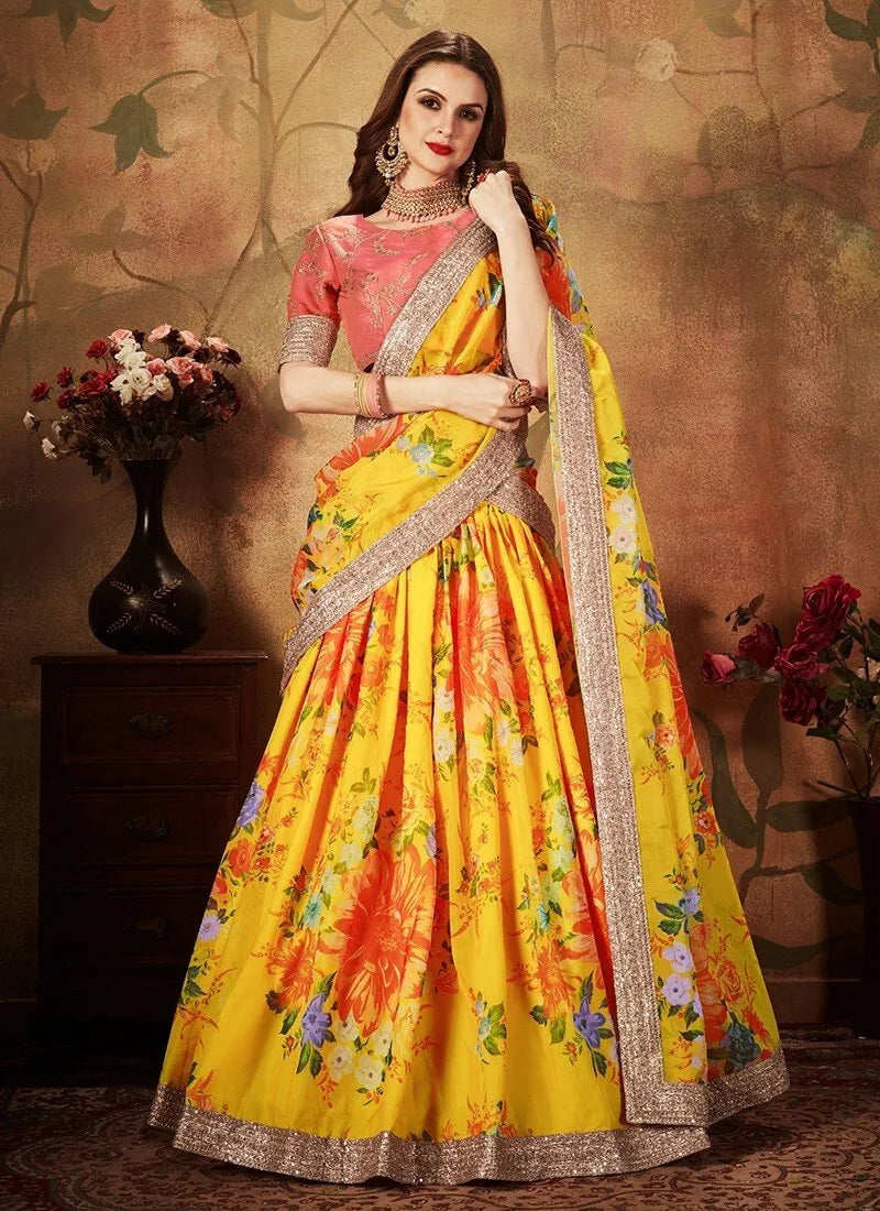 Yellow orange flowers bangalori silk lehenga with dori work