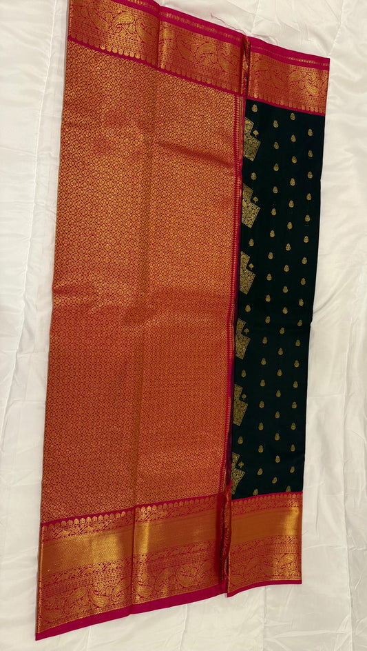 Black red semi kanchivaram silk saree with attached blouse piece