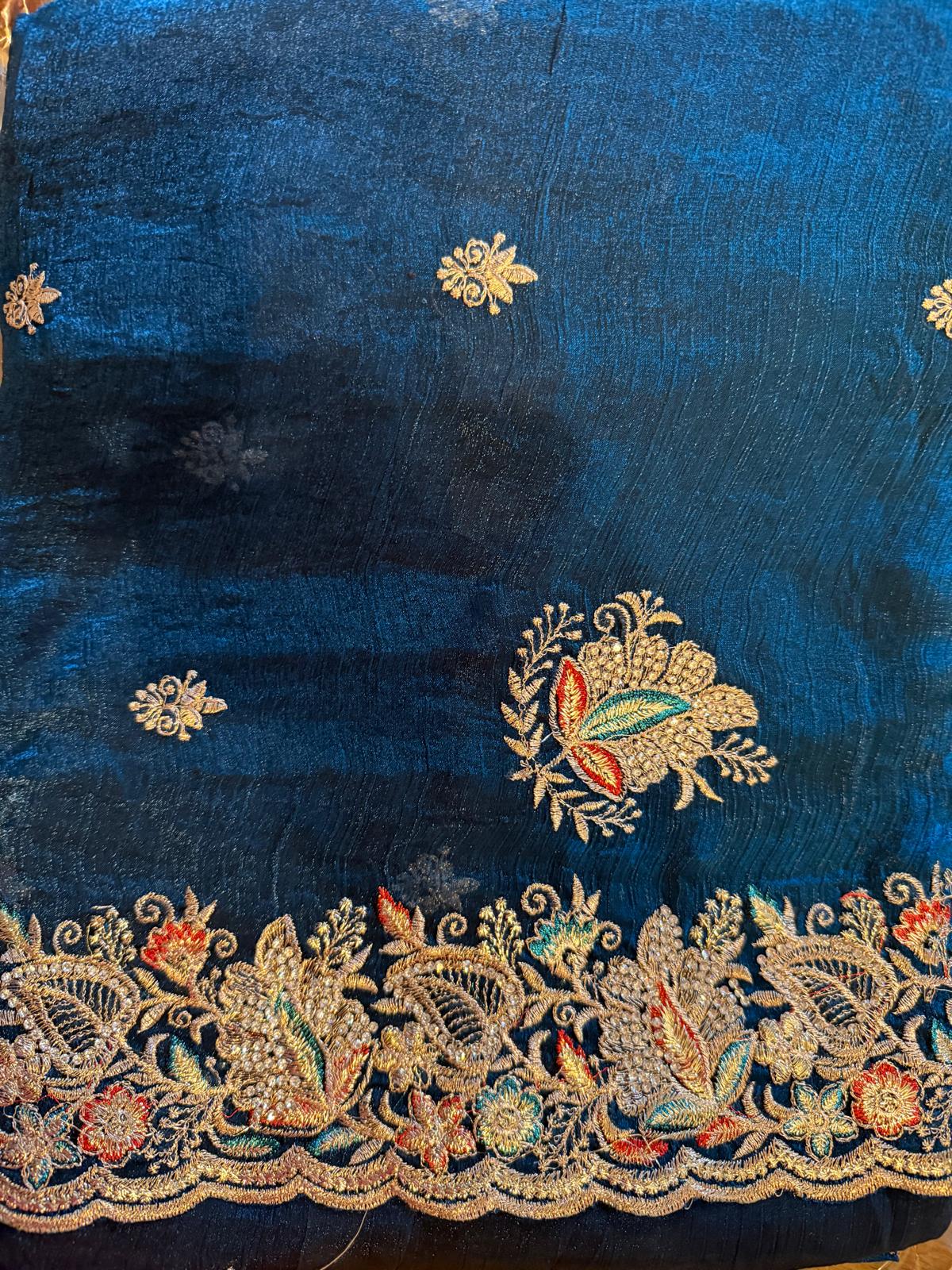 blue fendi saree with embroidery and stone work with attached blouse piece