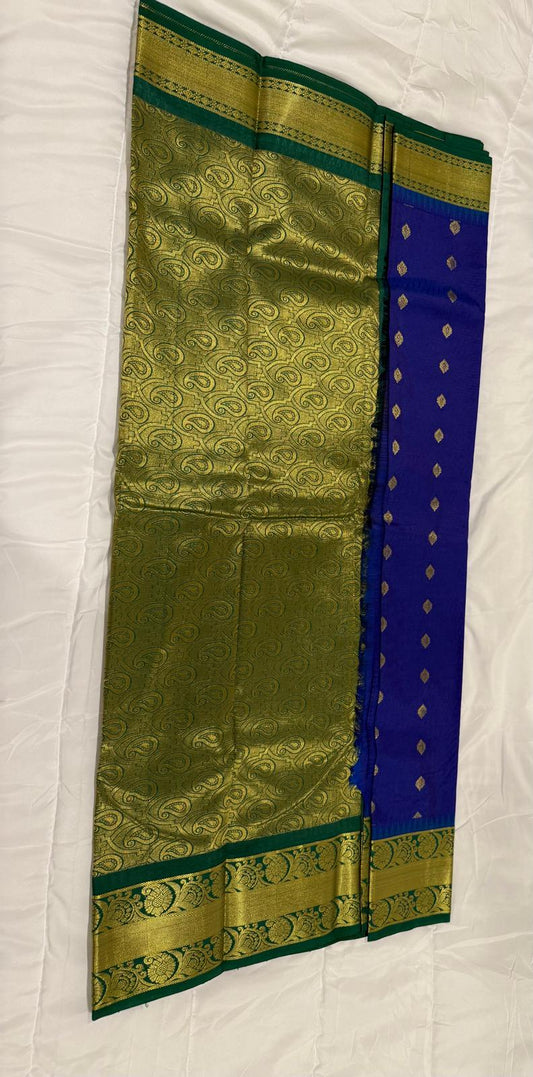 Blue green semi kanchivaram silk saree with attached blouse piece