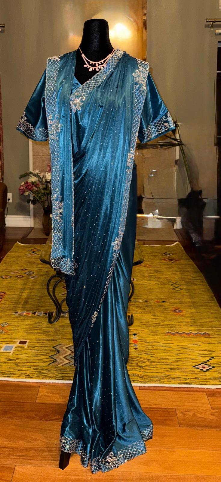 Blue Satin silk readymade saree with ready blouse with metal embossing, long pallu, designed blouse