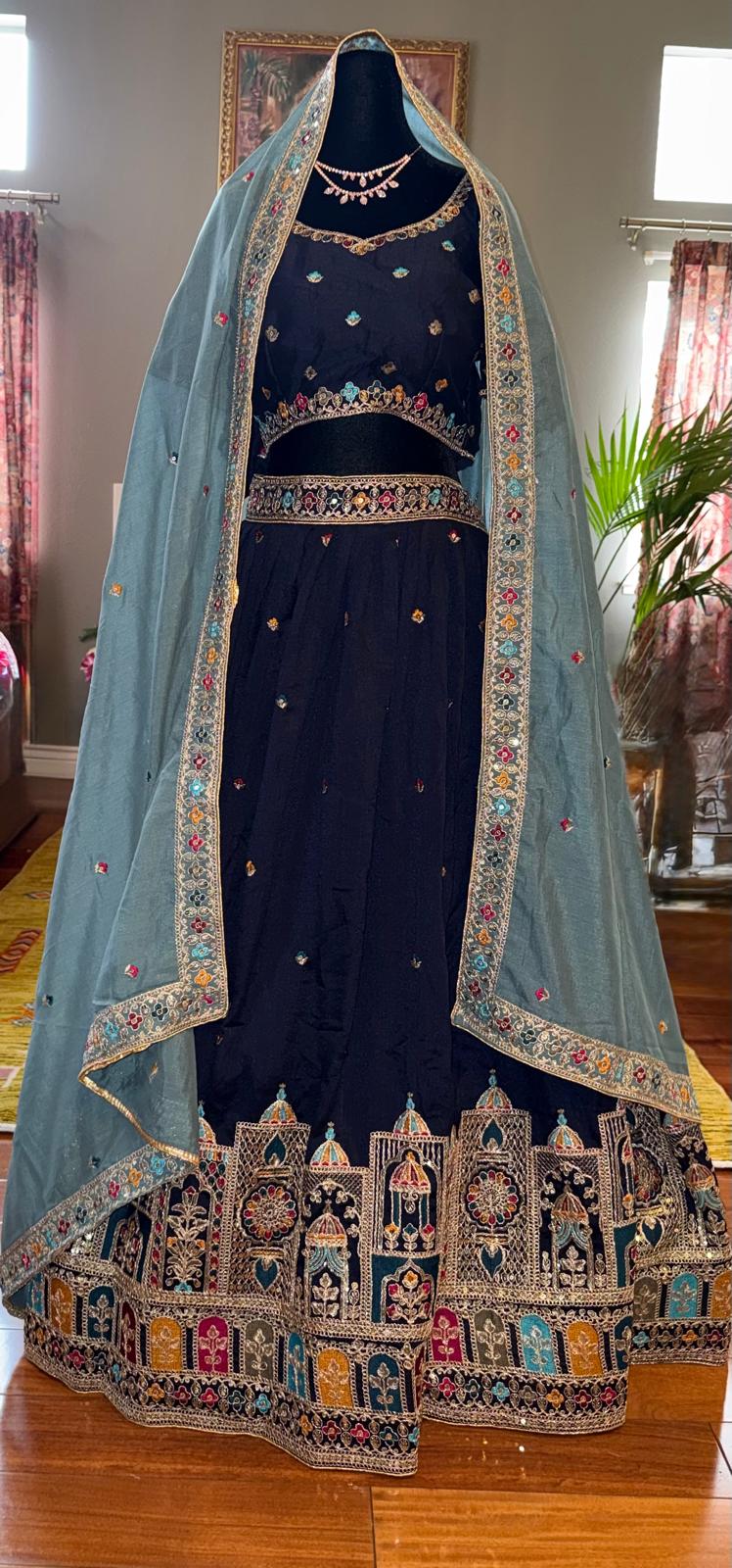 Blue georgette lehenga minar design and embroidery work