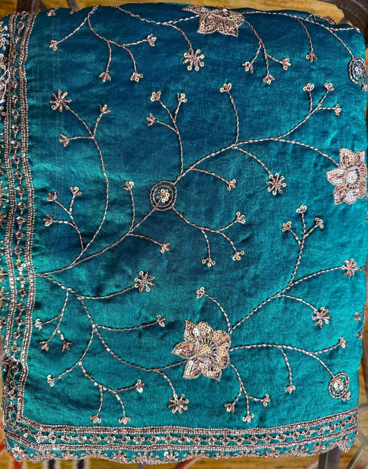 blue beads work fendi silk saree
