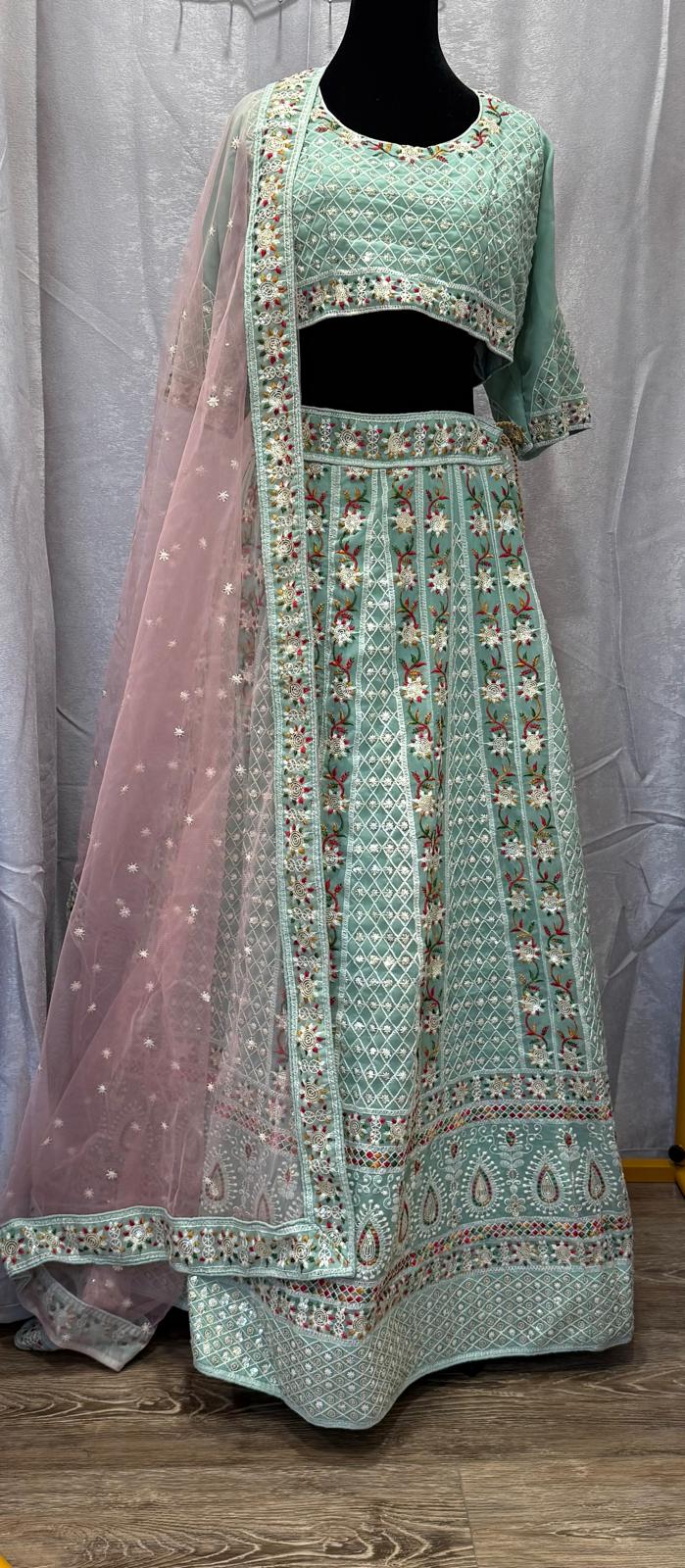 Blue pink lakhnavi lehenga with sequence work