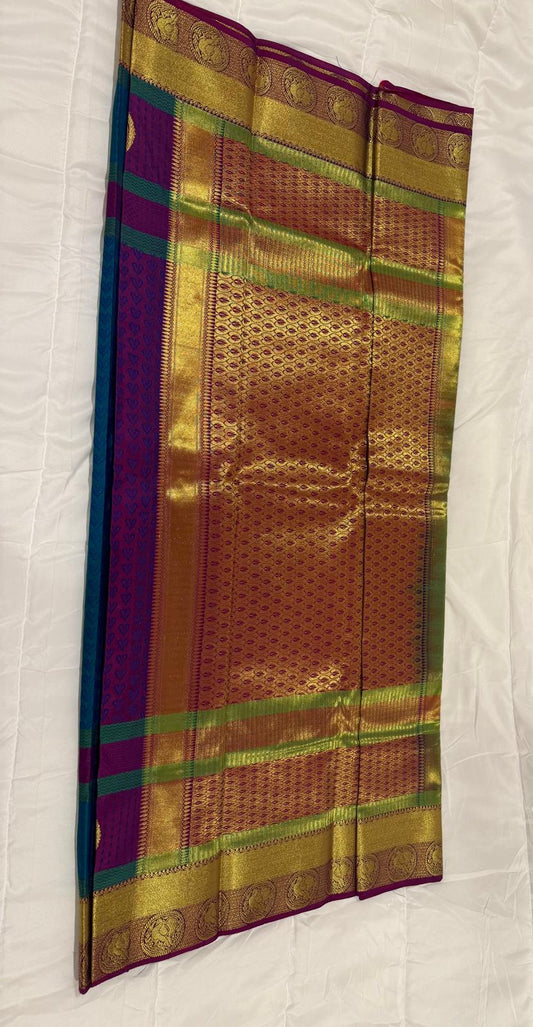 Blue purple semi kanchivaram silk saree with attached blouse piece