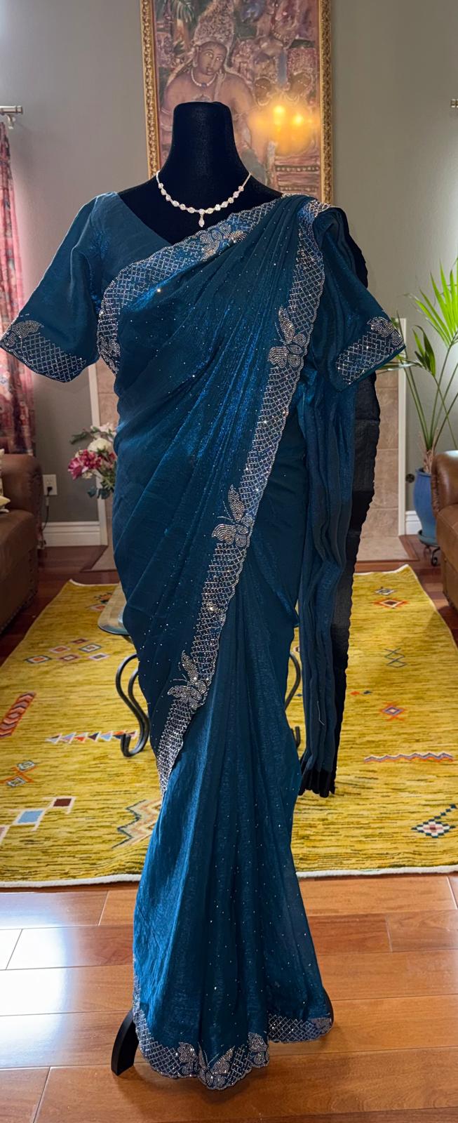 Blue Burburry silk readymade saree with ready blouse with metal embossing, long pallu, designed blouse