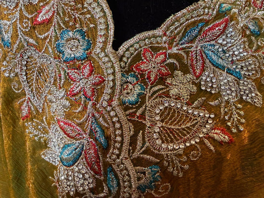 Green fendi silk saree with embroidery and stone work with attached blouse piece