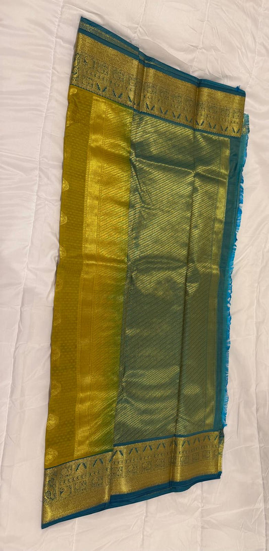 gold blue semi kanchivaram silk saree with attached blouse piece
