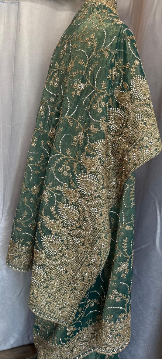 green heavy gold zarkan embroidery tissue net saree with attached blouse and matching petticoat