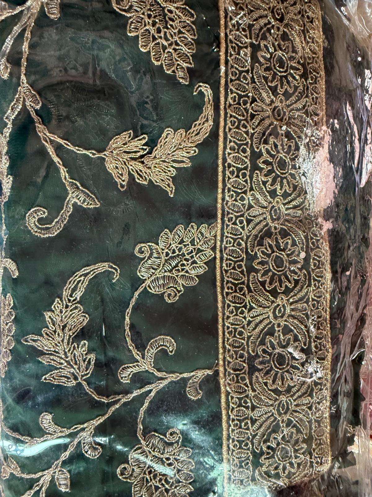 Green Readymade Georgette shimmer gold embroidery with frill saree with ready blouse and petticoat