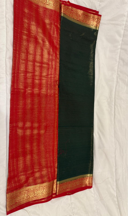 green red semi mysore silk saree with attached blouse piece