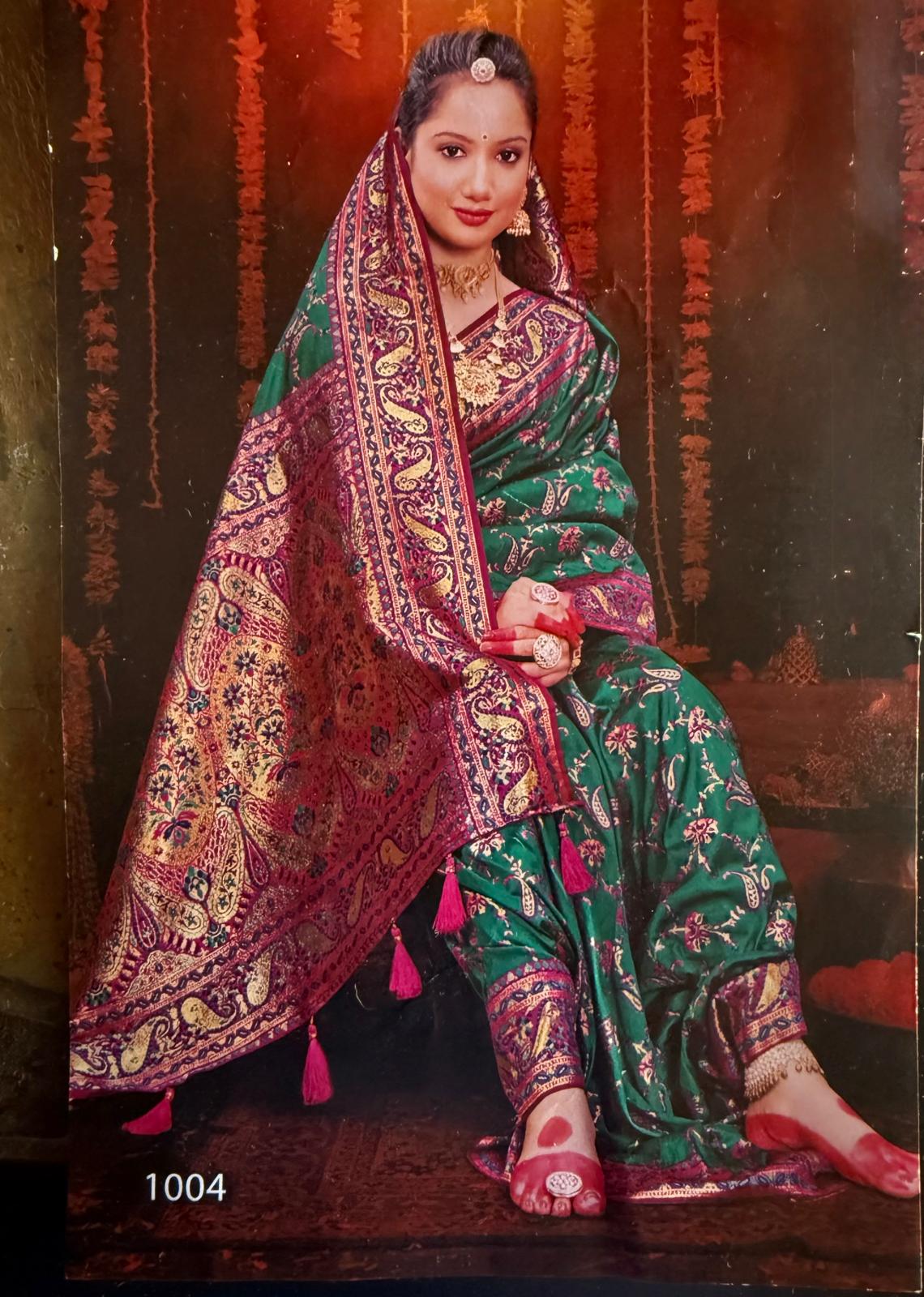 Green pink Kashmiri silk saree with attached blouse piece, pico ready
