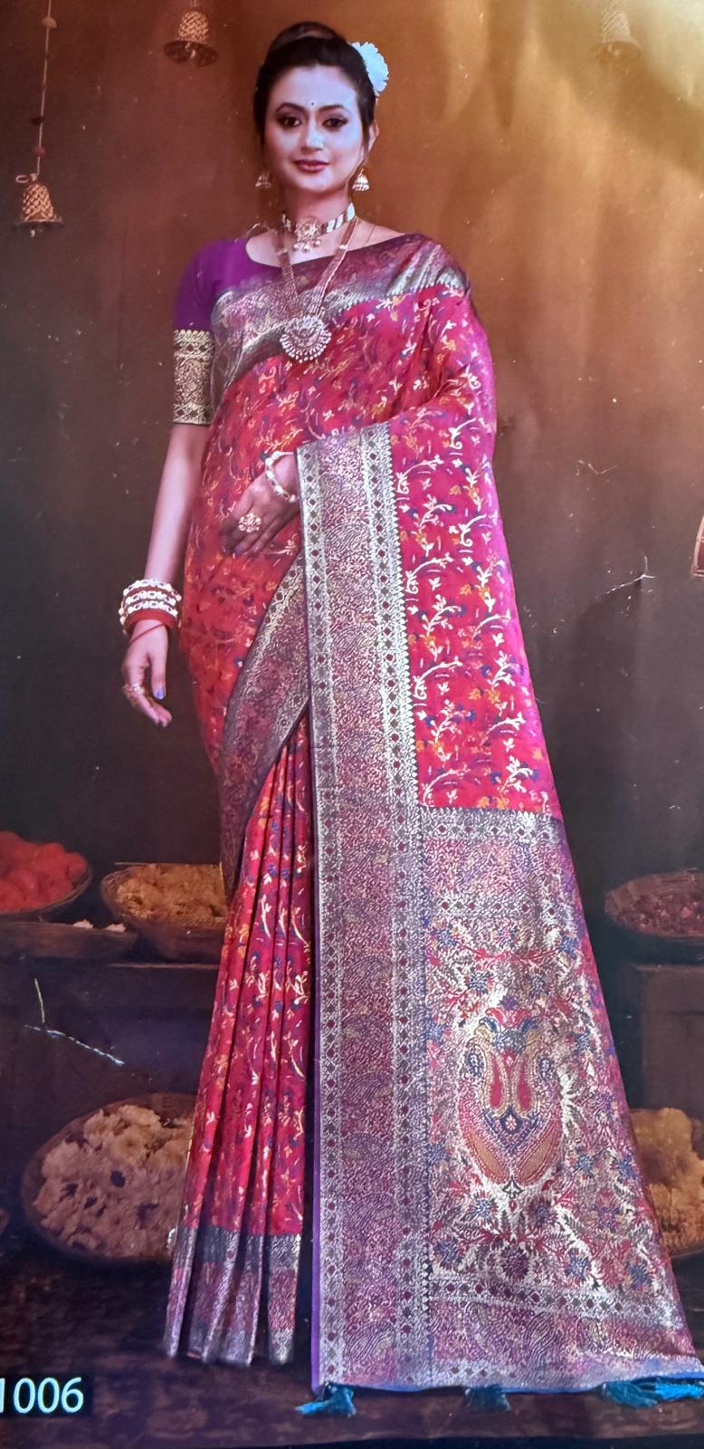 Pink maroon Kashmiri silk saree with attached blouse piece, pico ready