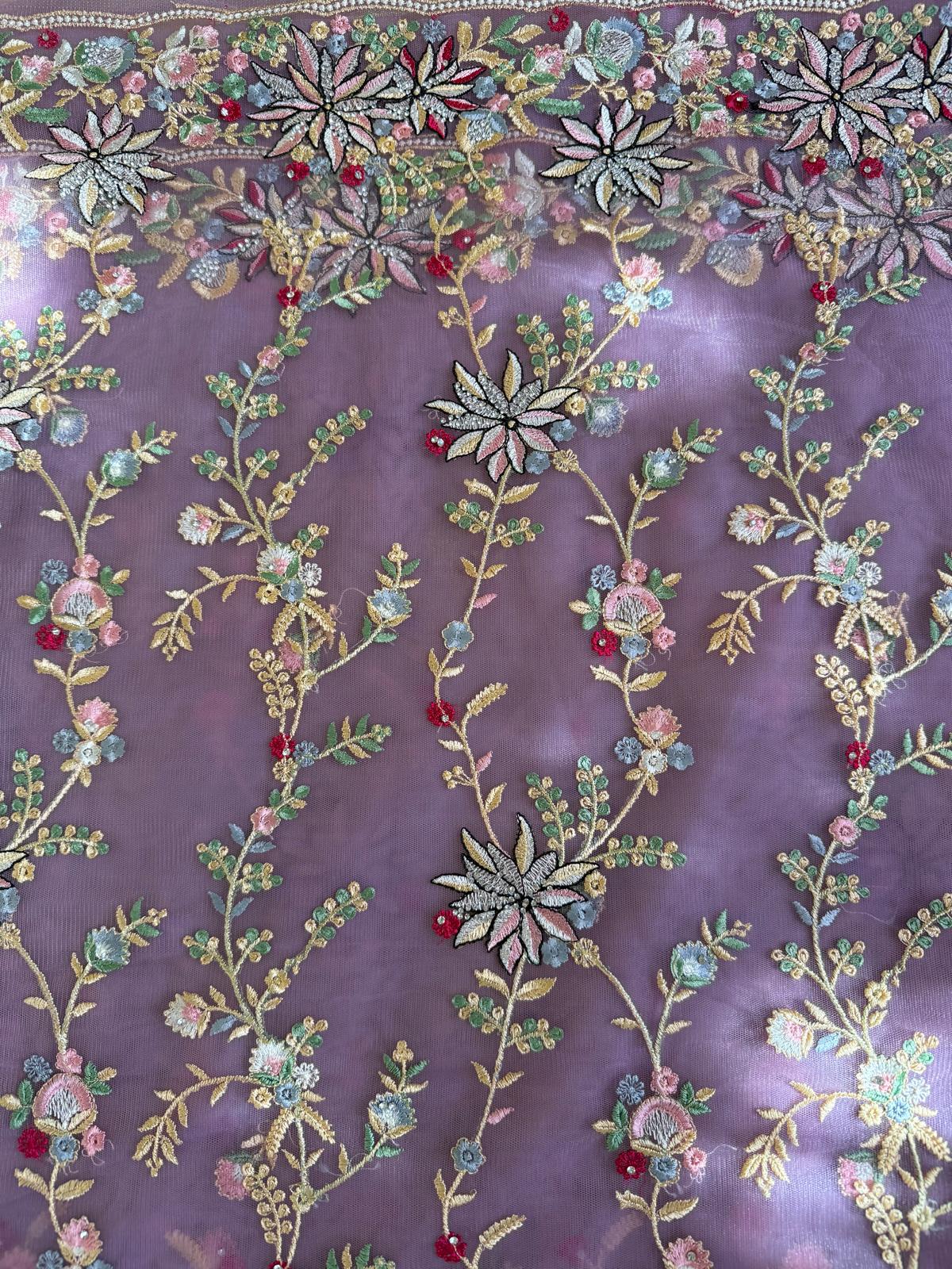 lavender purple net embroidery zarkan saree