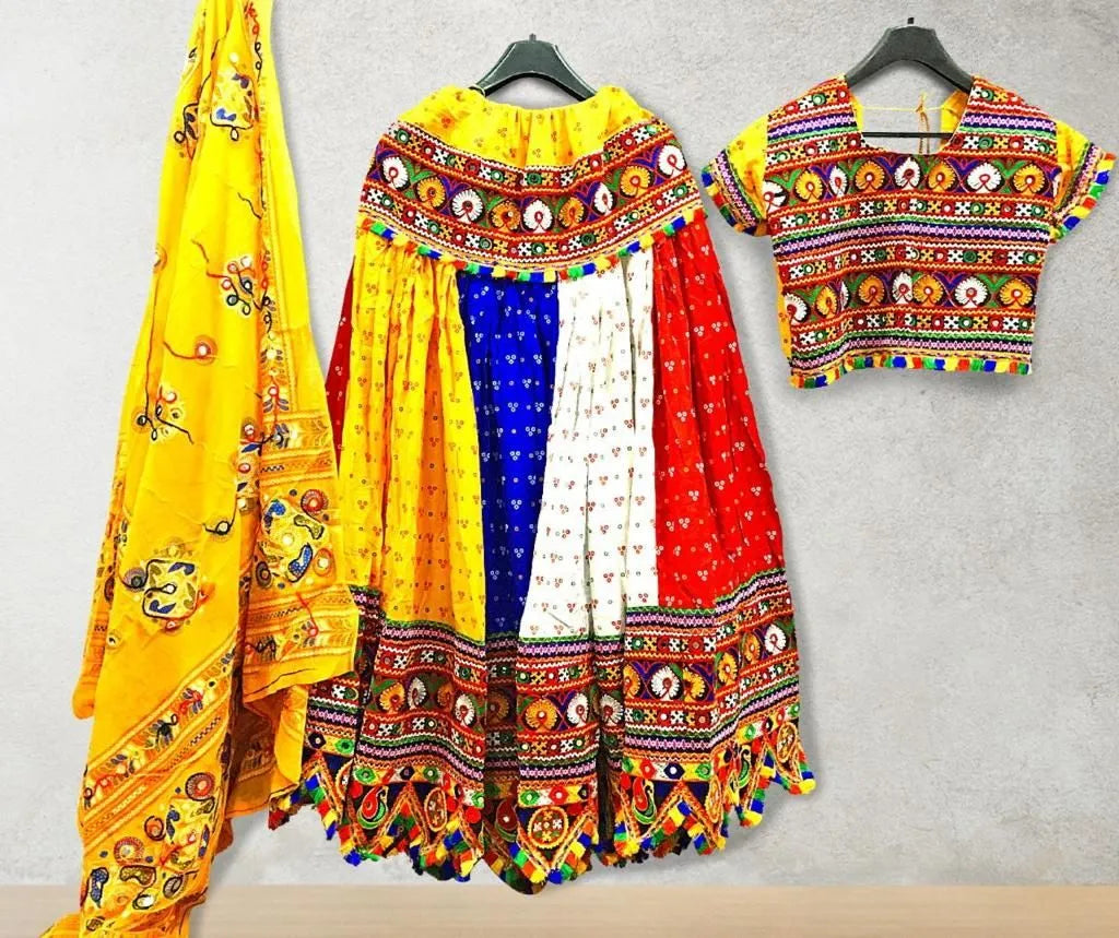 Yellow blouse multi color gher garba navratri lehenga
