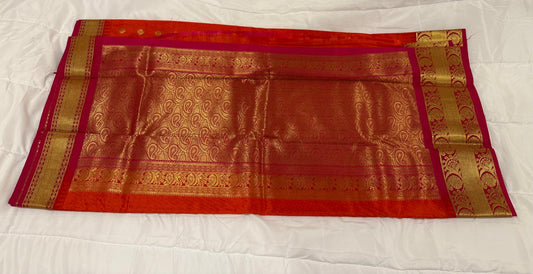 Orange pink semi kanchivaram silk saree with attached blouse piece