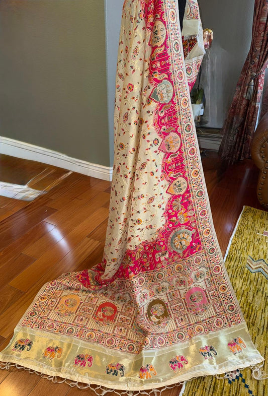 pink cream pashmina saree with embroidery and zarkan work with attached blouse piece