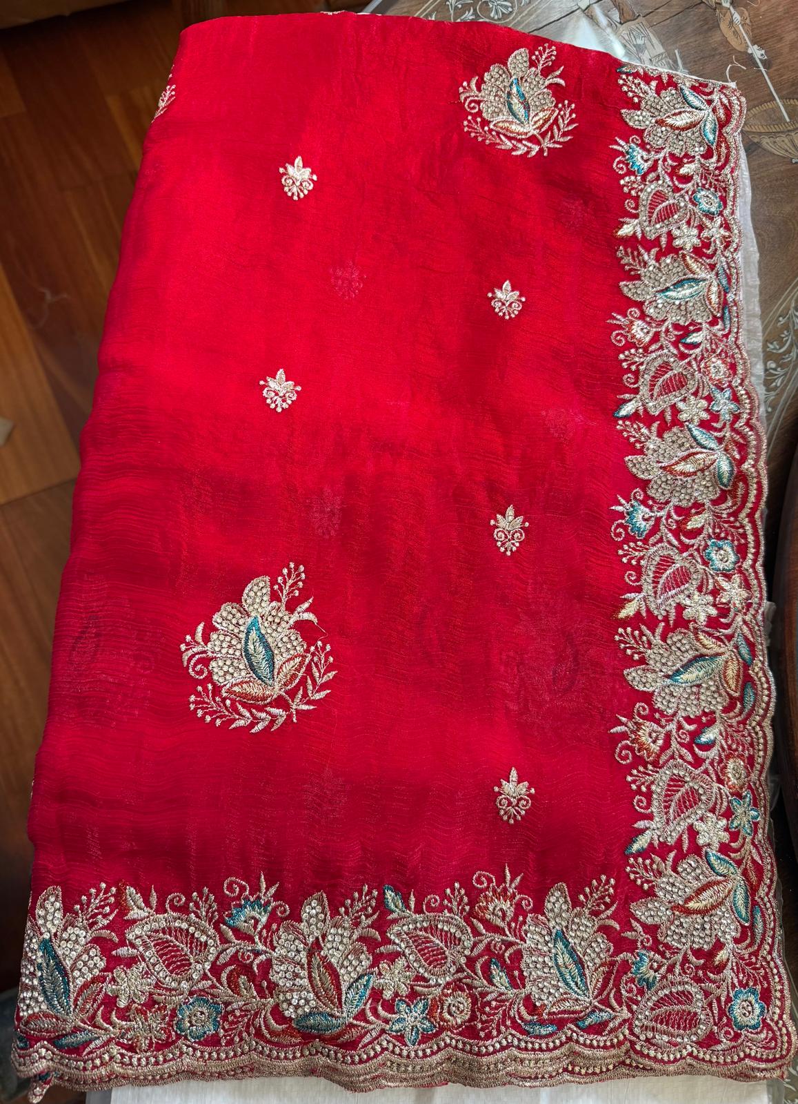 pink fendi saree with embroidery and stone work with attached blouse piece