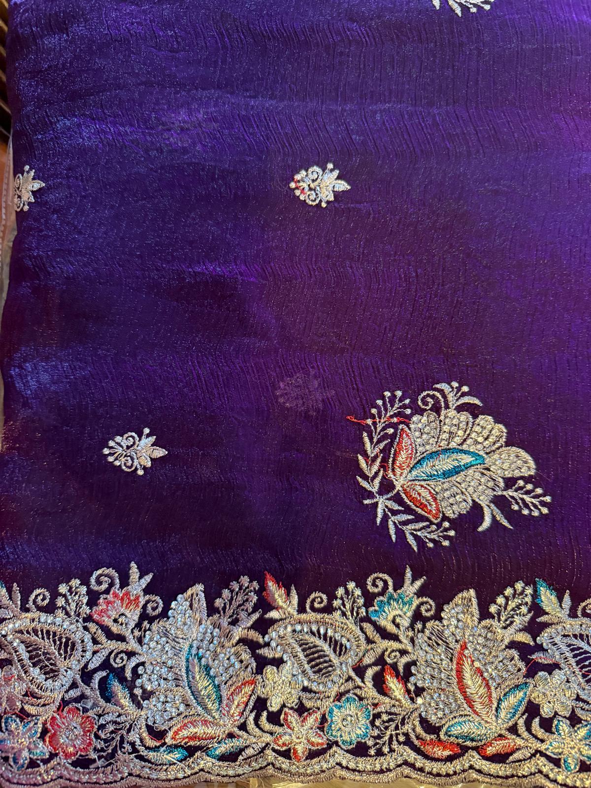 purple fendi saree with embroidery and stone work with attached blouse piece