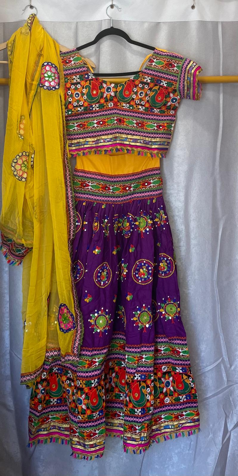 Purple yellow peacock designs garba navratri lehenga