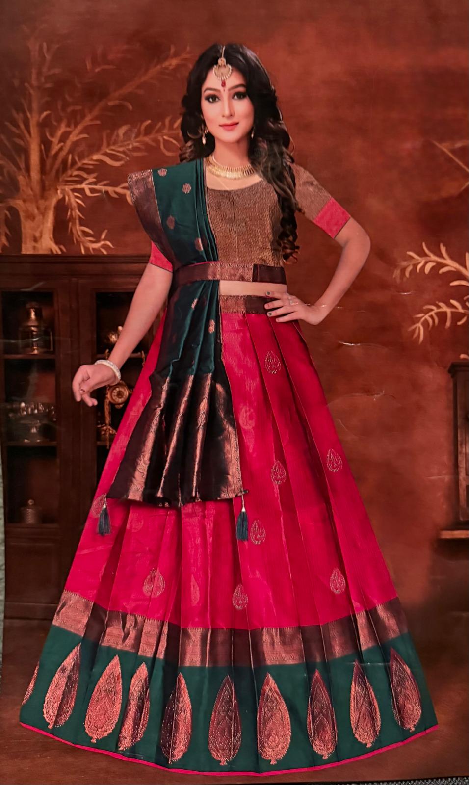 Kanchivaram banaras silk half saree red green lehenga with zarkan and waist belt