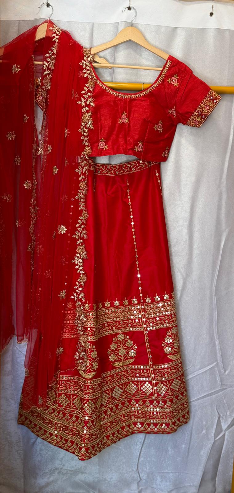 Red malay silk sequence lehenga with perl and embroidery blouse and dupatta