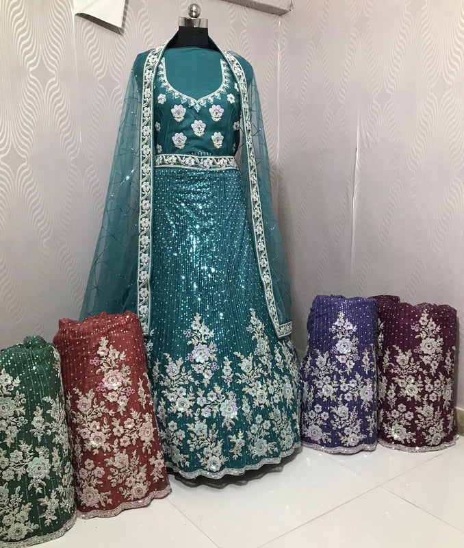 Green Sequence embroidery heavy zarkan silver embroidery lehenga