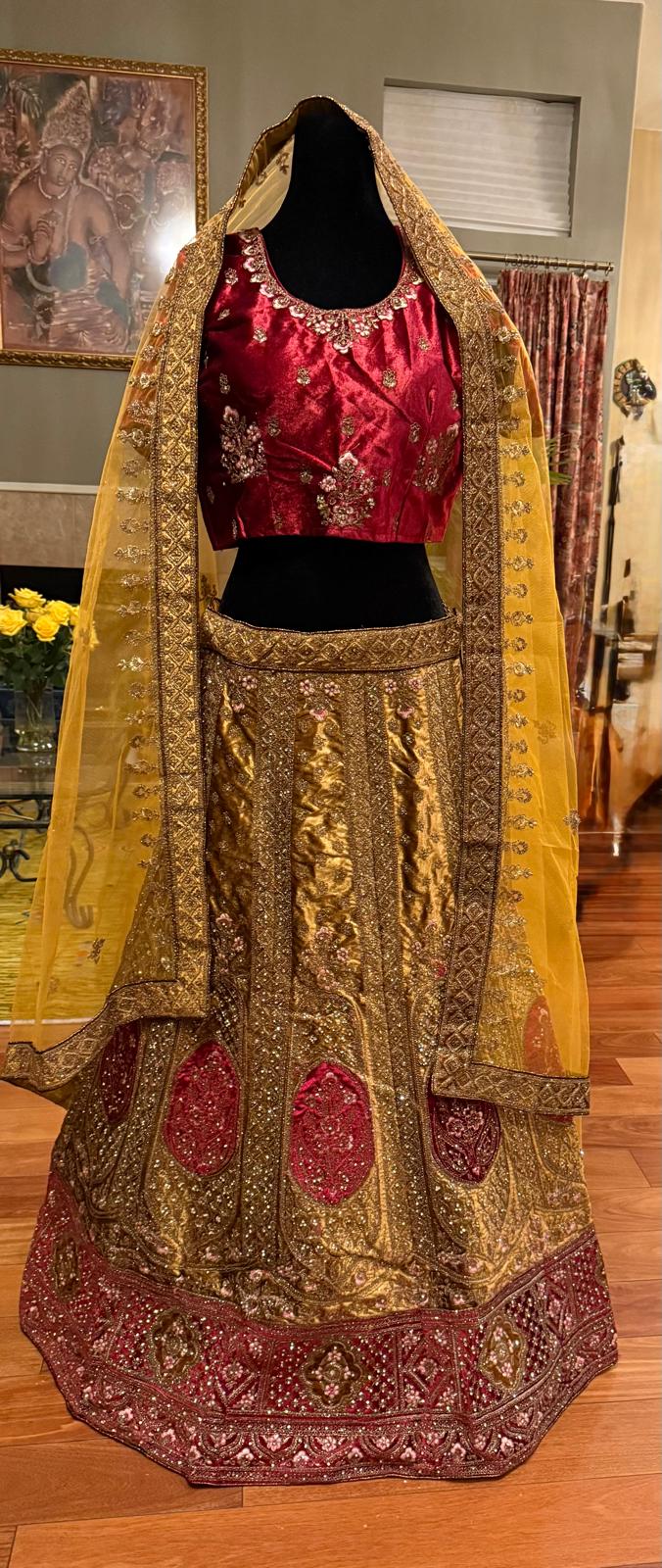 Bridal yellow red gold heavy velvet lehenga with zarkan, embroidery, double dupatta, latkan