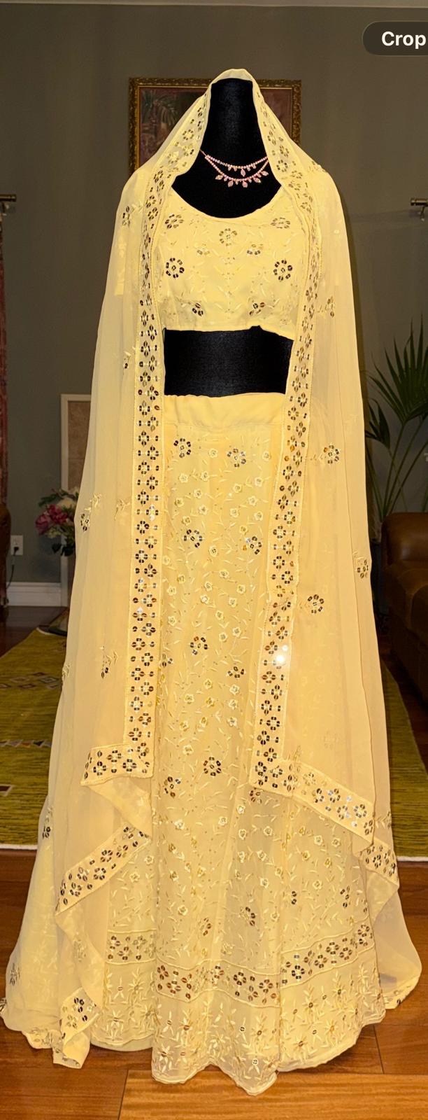 Yellow georgette sequence embroidery lehenga